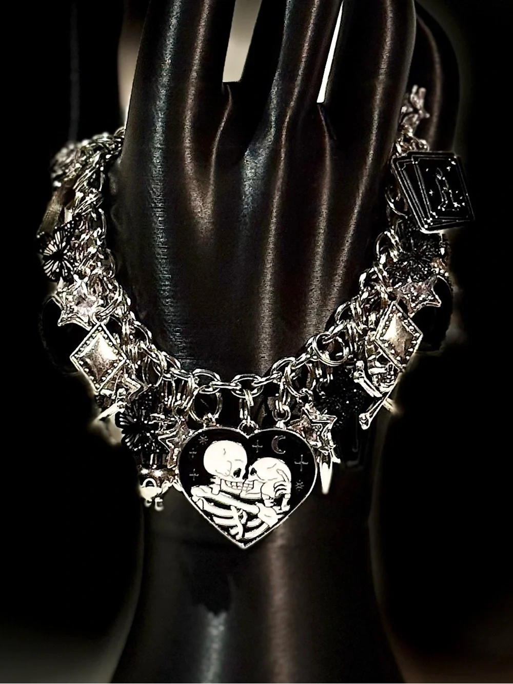 Silver Tone Gothic Charm Bracelet with Heart Skeleton Pendant